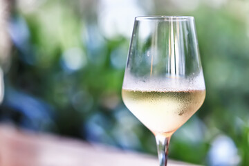 white wine tasting, chilled ice wine in a cold glass in summer