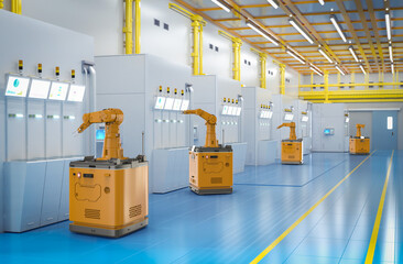 Automation semiconductor manufacturing with robotic arms in factory