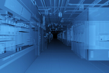 X-ray semiconductor manufacturing factory or laboratory interior with machine and computer screen