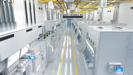 White futuristic semiconductor manufacturing factory or laboratory interior with machine and...