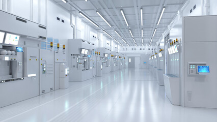 White futuristic semiconductor manufacturing factory or laboratory interior with machine and...