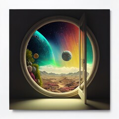 Planet landscape seen from an open window