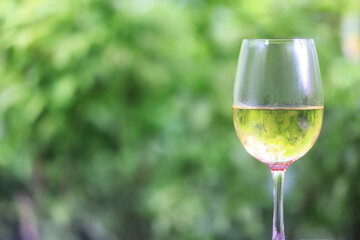 a glass of white wine in a restaurant, alcohol luxury background