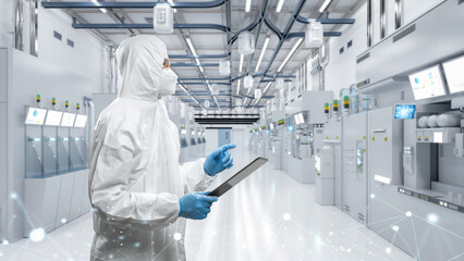Worker or engineer wears protective suit or coverall suit work in semiconductor manufacturing factory - obrazy, fototapety, plakaty