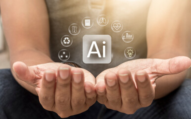 Hand touching hologram modern Technology AI Artificial Intelligence is a thought-processing robot system with AI via graphic illustration for online business.