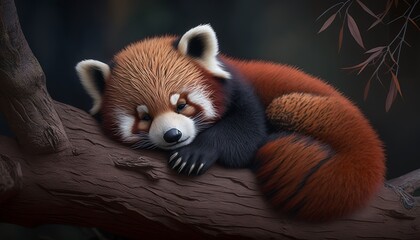 Obraz premium A baby red panda snuggled up on a tree branch