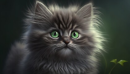 Naklejka na ściany i meble A fluffy gray kitten with bright green eyes