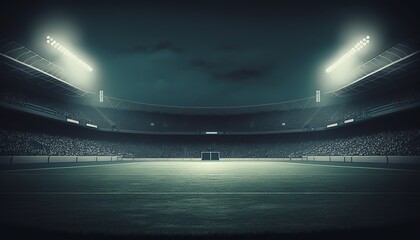 dramatic football or soccer stadium background, green lawn and lights on. generative ai