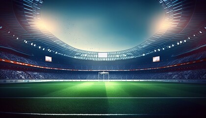 Fototapeta na wymiar dramatic football or soccer stadium background, green lawn and lights on. generative ai