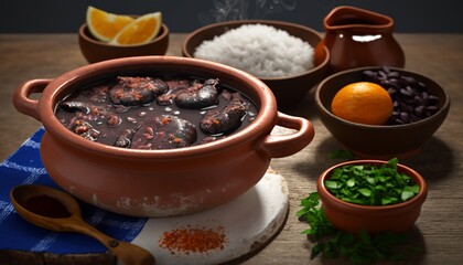 Obraz na płótnie Canvas Brazilian traditional feijoada. traditional brazilian dish made with beans, meat and usually accompanied by rice, oranges and kale. ai generative