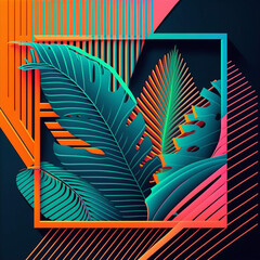 Abstract neon retro palm tree leaves with square frame, generative ai