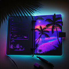 Glowing neon journal on the beach at sunset, generative ai