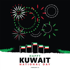 Kuwait national day vector illustration with national flag and fireworks within night sky.