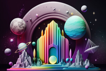Outerspace pastel neon product pedestal podium diorama with celestial planets moons stars, generative ai