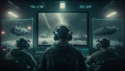 Military Concept. Military Surveillance Officers Work in the Headquarters Hub for Cyber ​​Control and Monitoring to Manage National Security with Generative AI Technology.
