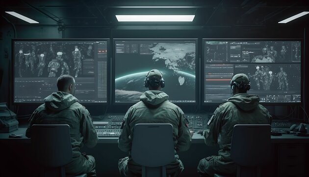 Military Concept. Military Surveillance Officers Work in the Headquarters Hub for Cyber ​​Control and Monitoring to Manage National Security with Generative AI Technology.
