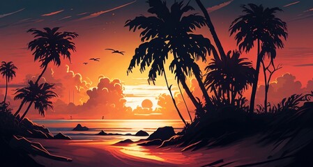 Tropical Island Abstract Travel Poster and Wallpaper - Generative Ai Illustration