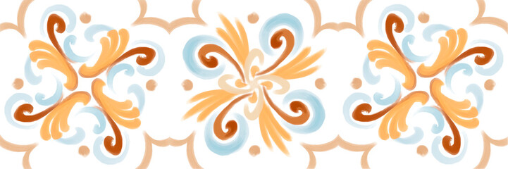 Set of illustrations - ceramic tile stylization with blue ornaments. Azulejos portugal, Turkish ornament, Moroccan tile mosaic, Talavera ornament.