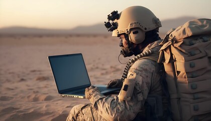 military concept. Soldier Uses Laptop Computers to Track Targets and Radios to track enemy troops with Generative AI Technology.