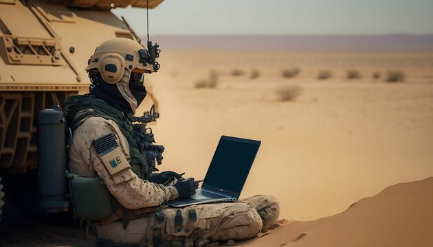 military concept. Soldier Uses Laptop Computers to Track Targets and Radios to track enemy troops with Generative AI Technology.
