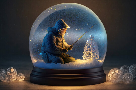 Fisherman Ice Fishing In A Snow Globe Concept. A Snowdome Keepsake To Remember The Good Times. Generative AI