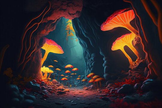 Detailed Jungle Cave With Unreal Bright, Psychedelic And Luminous Mushrooms And Fungi.  Generative AI.