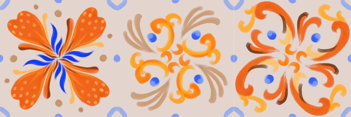 Set of illustrations - ceramic tile stylization with blue ornaments. Azulejos portugal, Turkish ornament, Moroccan tile mosaic, Talavera ornament.