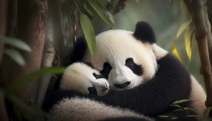 Fotobehang A baby panda cub snuggling with its mother in a bamboo forest © Emojibb.Family