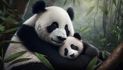 Obraz premium A baby panda cub snuggling with its mother in a bamboo forest