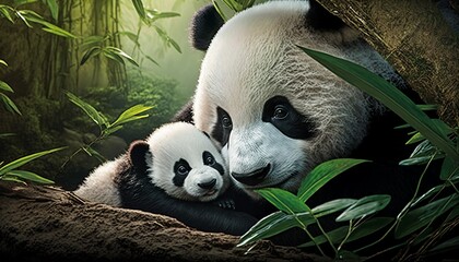 Fototapety  A baby panda cub snuggling with its mother in a bamboo forest