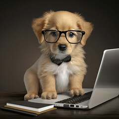 dog with glasses and laptop, Generative AI