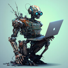 robot cyborg with laptop, Generative AI
