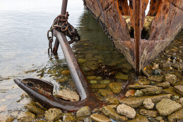 Close up of old Rusted Ship Anchor.  Lord Lonsdale Shipwreck Hull on Strait of Magellan, Punta...