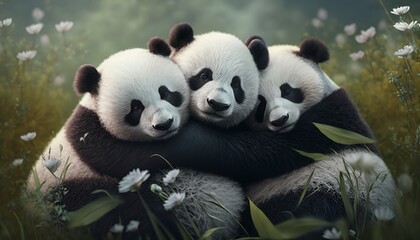 A group of panda bears cuddling together in a peaceful meadow 
