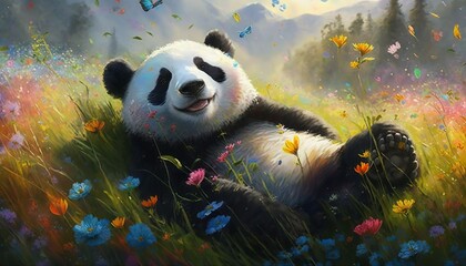 Fototapety  A happy panda bear lounging in a grassy field surrounded by colorful wildflowers