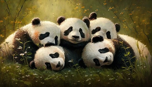 A Group Of Panda Bears Cuddling Together In A Peaceful Meadow 