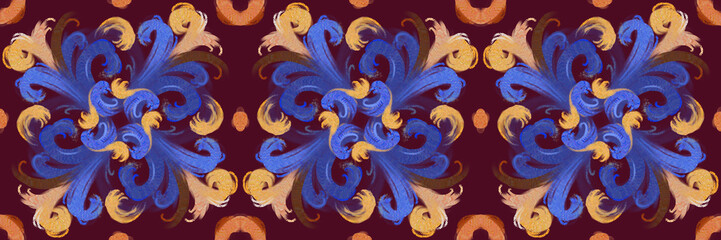 Set of illustrations - ceramic tile stylization with blue ornaments. Azulejos portugal, Turkish ornament, Moroccan tile mosaic, Talavera ornament.