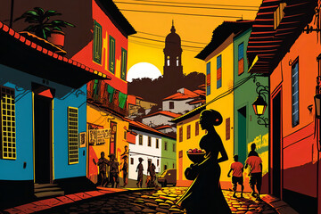  A vibrant digital illustration of Salvador, Bahia, featuring colorful colonial architecture, Afro-Brazilian heritage, and scenic beauty. Generative AI