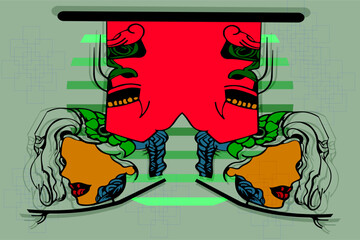 illustration of a monster and a woman in color