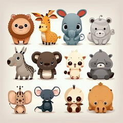 Set of cute cartoon animal, vector illustration, white background, Made by AI,Artificial intelligence