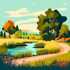 Summer landscape background with river stream, mountains, green field hills, big meadows, blue spring sky and clouds, trees. Countryside. Rural scene. Nature view. Flat cartoon vector illustration.