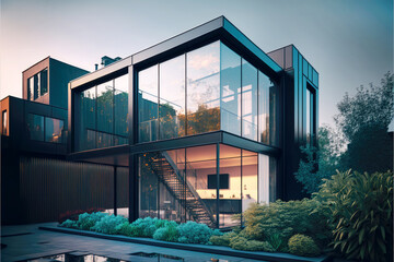 House or structure with a lot of glass. Building form of the future. Generative AI