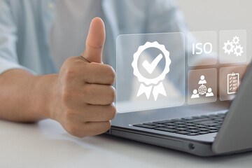 Businessman showing raised thumbs with certificate icon. Certification and standardization process,...