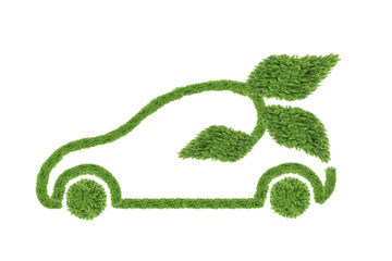car of green leaves on white background. eco car concept. The concept of reducing CO2 emissions from vehicles.symbolising the need to invest in alternative fuel solutions for transportation.
