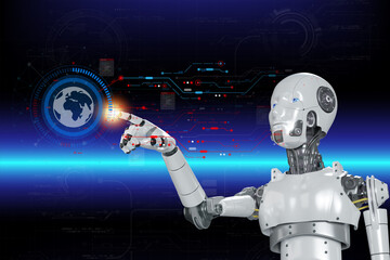 Obraz premium 3D rendering artificial intelligence,AI research of robot and cyborg development for future,digital smart world metaverse concept.