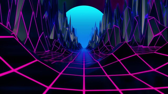 An endless retro-futuristic canyon with glowing grid and blue planet in a seamless loop animation.