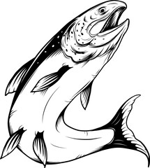 Salmon art highly detailed in line art style.Fish png by hand drawing.