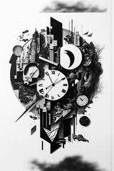 Black and White Mixed Media Clock Time Collage Generative AI