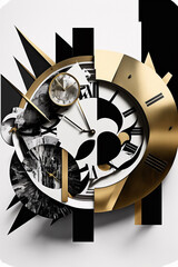 Black and White Mixed Media Clock Time Collage with Gold Highlights Generative AI