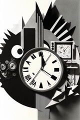 Fototapeta na wymiar Black and White Mixed Media Clock Time Collage Generative AI